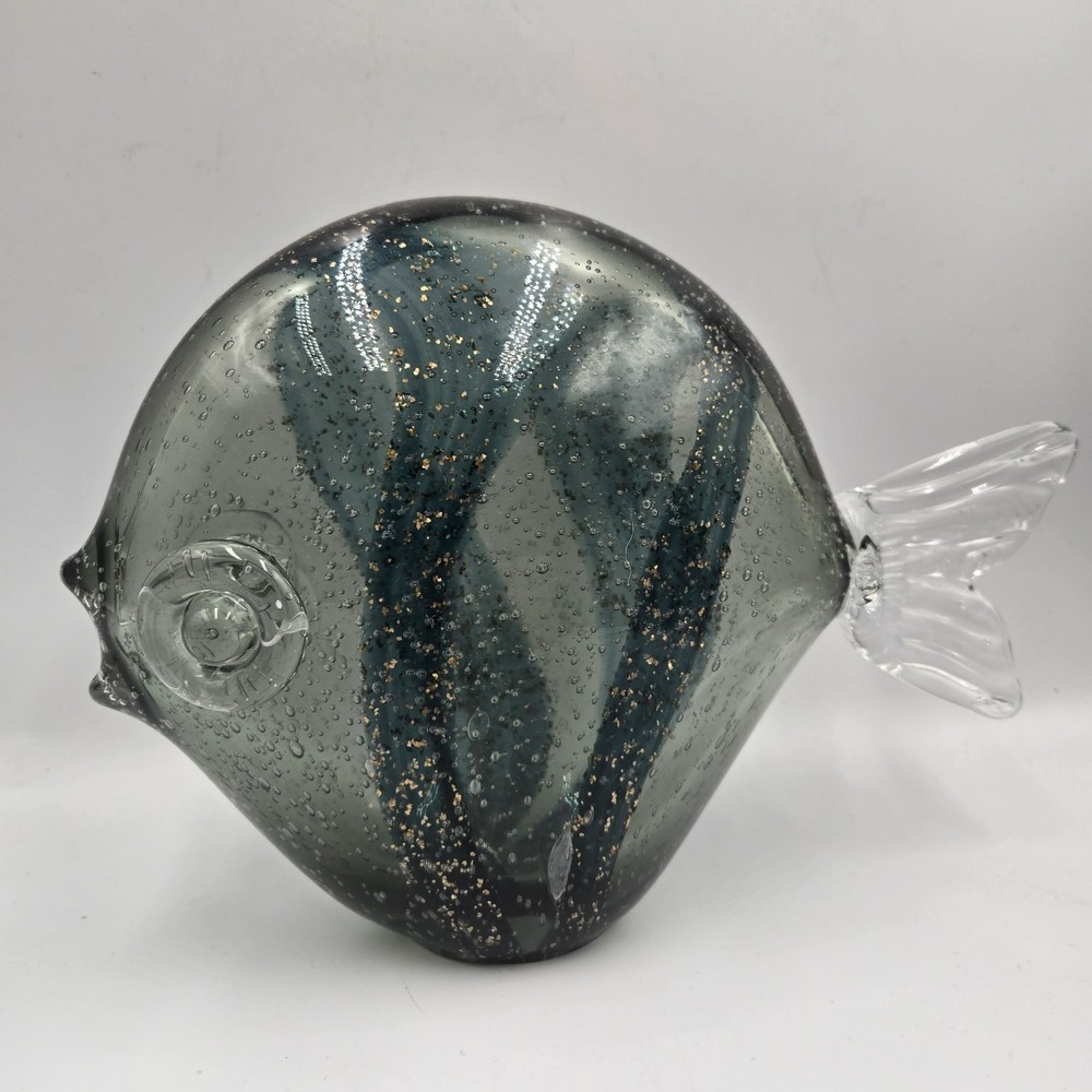 Vintage Unique Hand Blown Art Glass Fish Sculpture Teal W/ Gold Flecks Ocean Sea